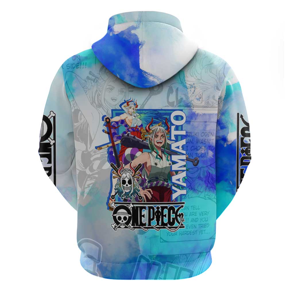 Yamato One Piece Blue Cloud Theme Hoodie with Manga Panels and Oni Horn Character Design - The Mazicc