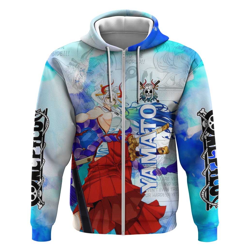Yamato One Piece Blue Cloud Theme Hoodie with Manga Panels and Oni Horn Character Design - The Mazicc