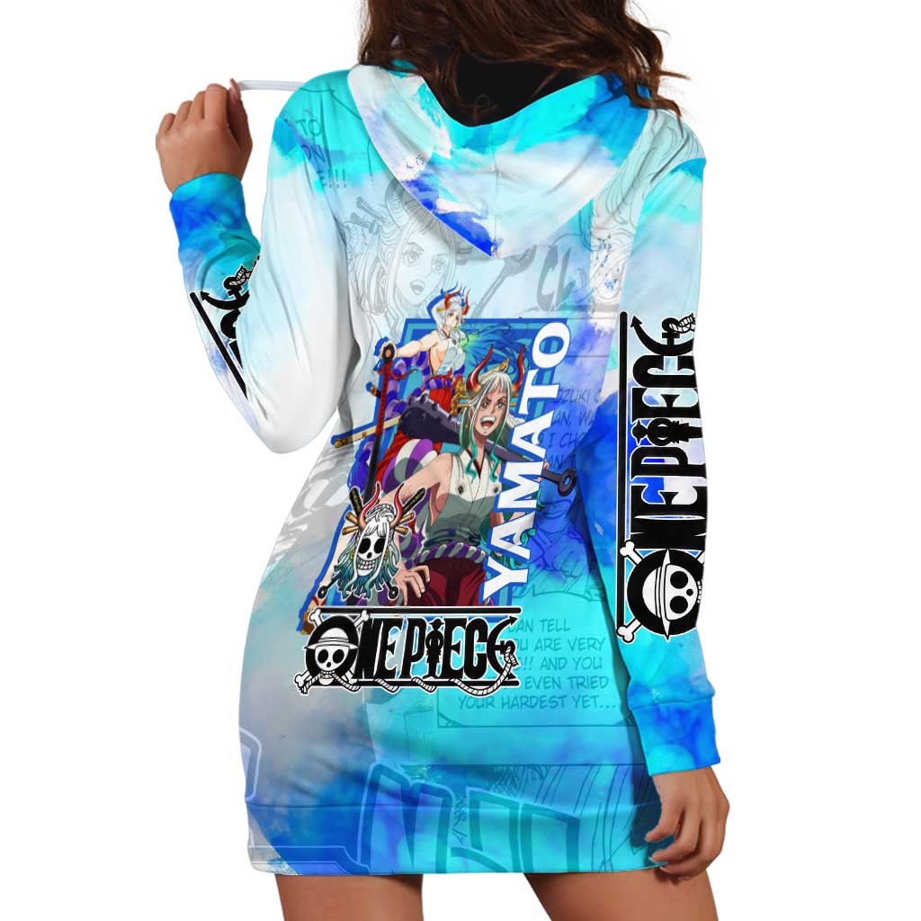 Yamato One Piece Blue Cloud Theme Hoodie Dress with Manga Panels and Oni Horn Character Design - The Mazicc