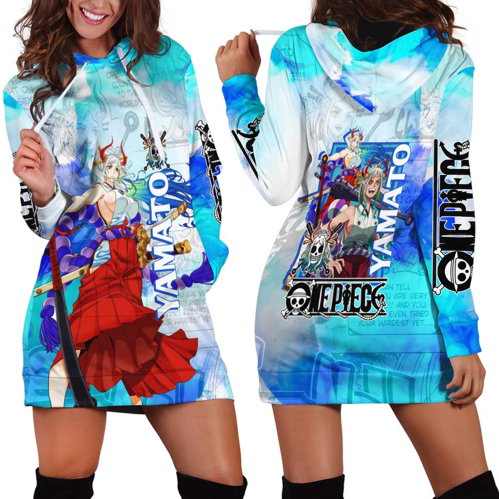 Yamato One Piece Blue Cloud Theme Hoodie Dress with Manga Panels and Oni Horn Character Design - The Mazicc