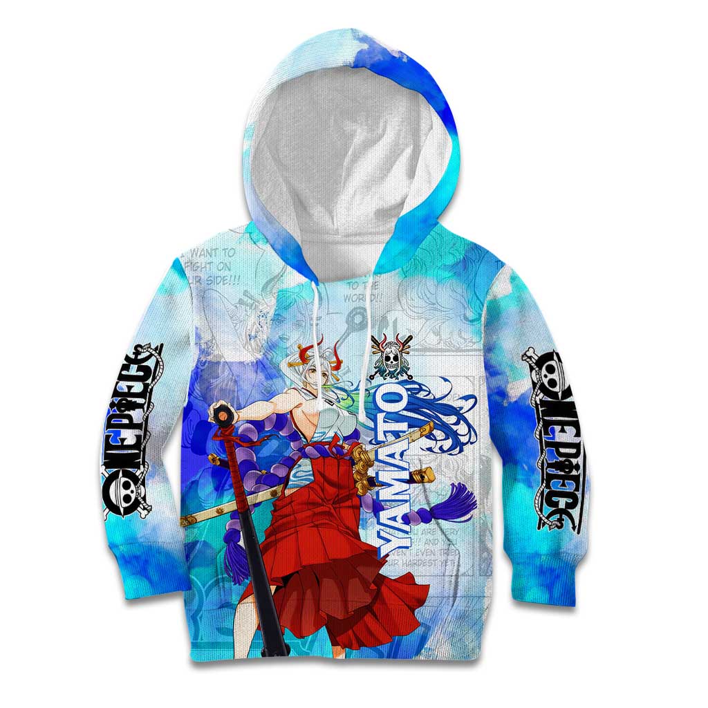 Yamato One Piece Blue Cloud Theme Kid Hoodie with Manga Panels and Oni Horn Character Design - The Mazicc