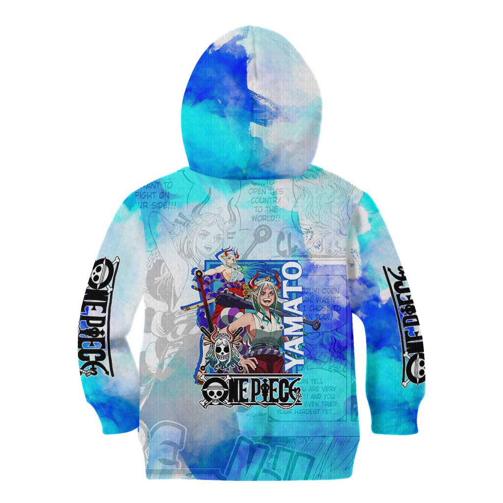 Yamato One Piece Blue Cloud Theme Kid Hoodie with Manga Panels and Oni Horn Character Design - The Mazicc