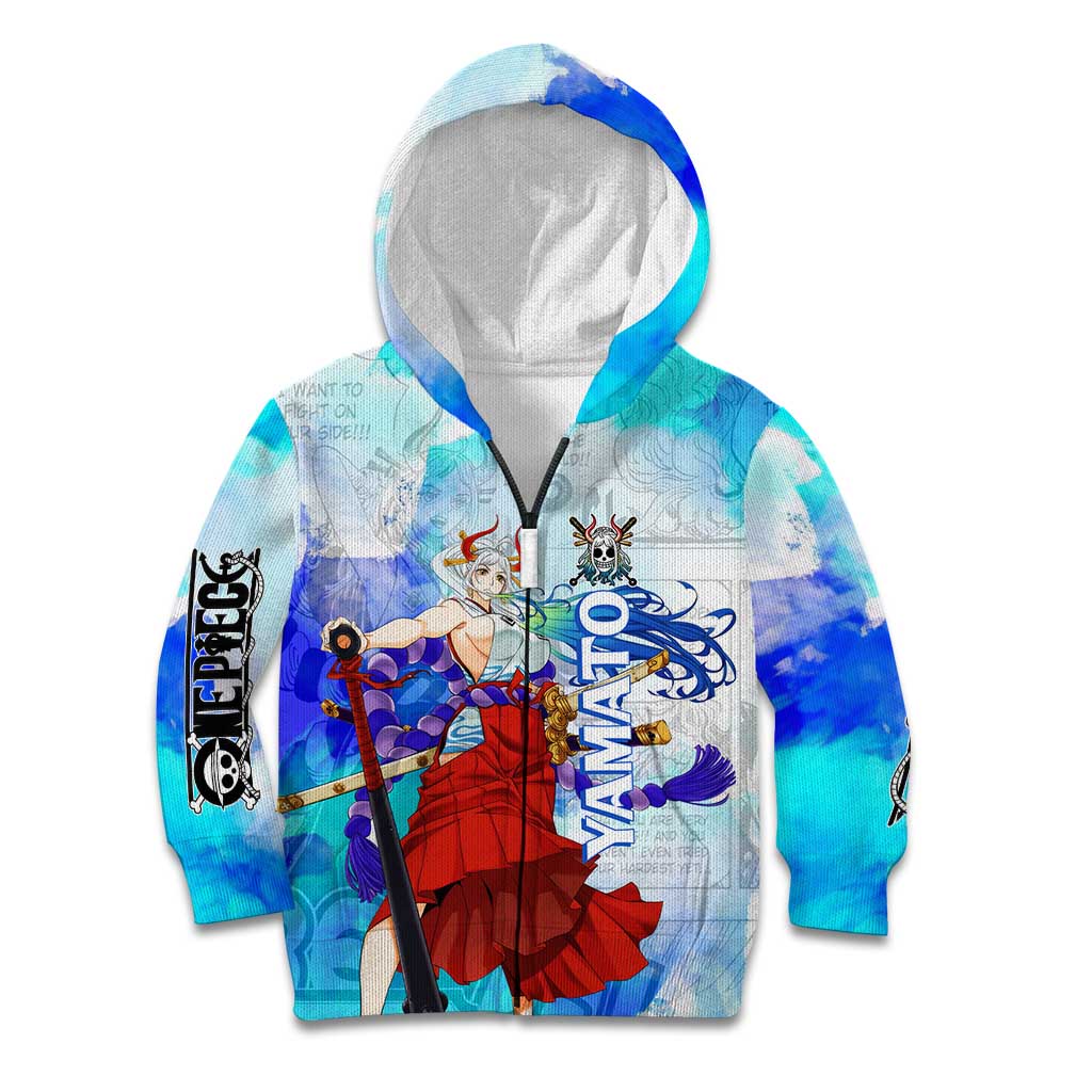 Yamato One Piece Blue Cloud Theme Kid Hoodie with Manga Panels and Oni Horn Character Design - The Mazicc