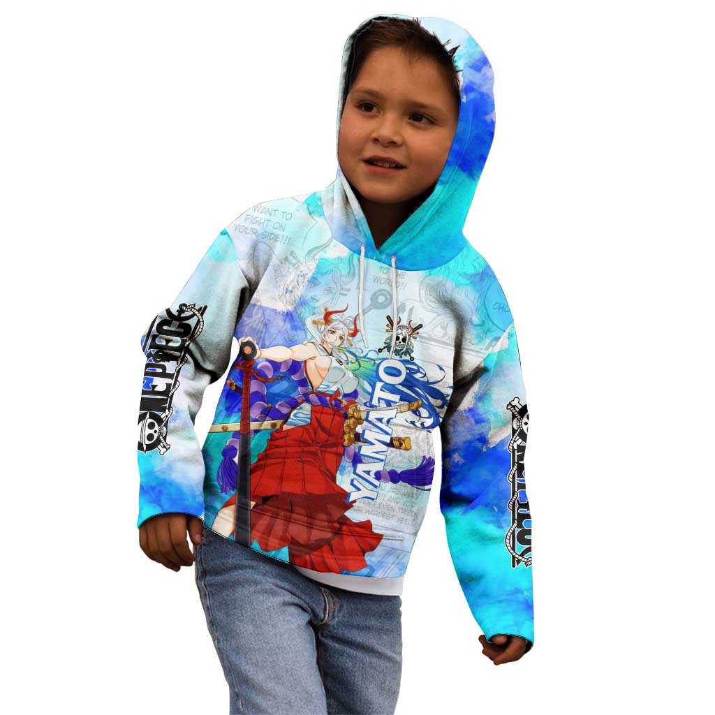 Yamato One Piece Blue Cloud Theme Kid Hoodie with Manga Panels and Oni Horn Character Design - The Mazicc