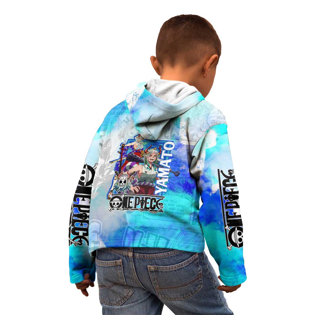 Yamato One Piece Blue Cloud Theme Kid Hoodie with Manga Panels and Oni Horn Character Design - The Mazicc