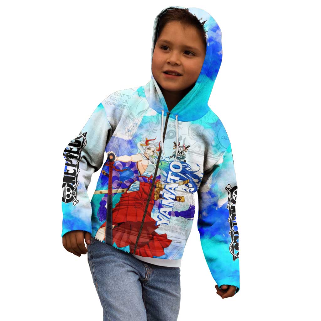 Yamato One Piece Blue Cloud Theme Kid Hoodie with Manga Panels and Oni Horn Character Design - The Mazicc