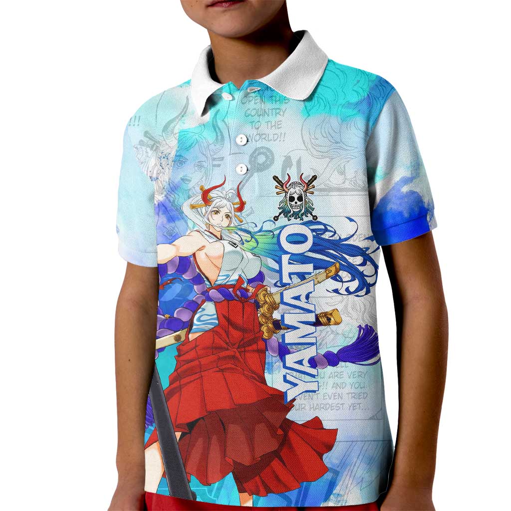 Yamato One Piece Blue Cloud Theme Kid Polo Shirt with Manga Panels and Oni Horn Character Design - The Mazicc