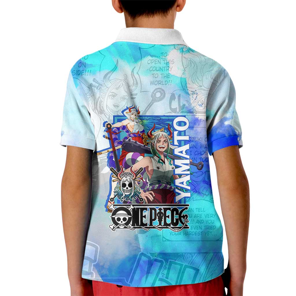 Yamato One Piece Blue Cloud Theme Kid Polo Shirt with Manga Panels and Oni Horn Character Design - The Mazicc