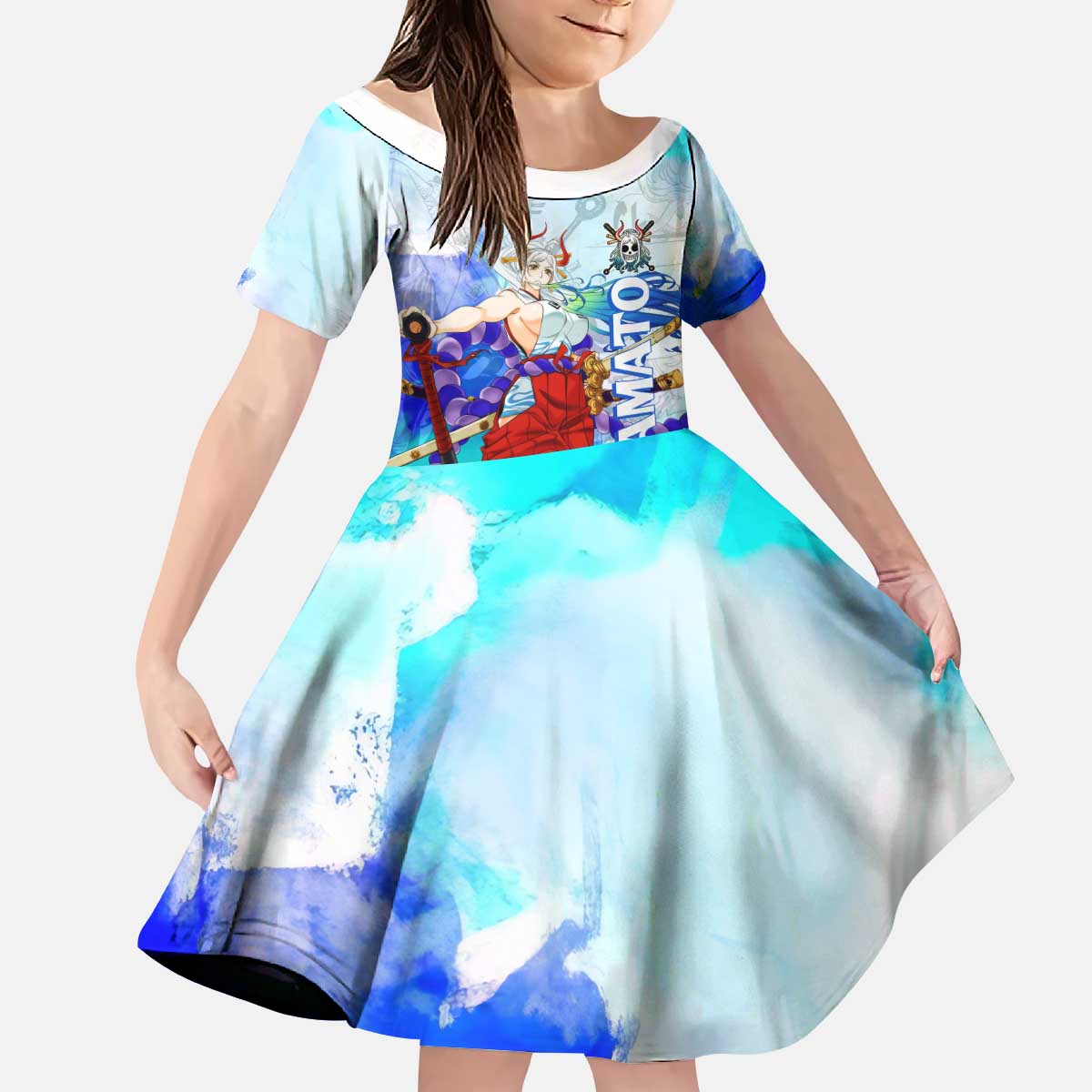 Yamato One Piece Blue Cloud Theme Kid Short Sleeve Dress with Manga Panels and Oni Horn Character Design - The Mazicc