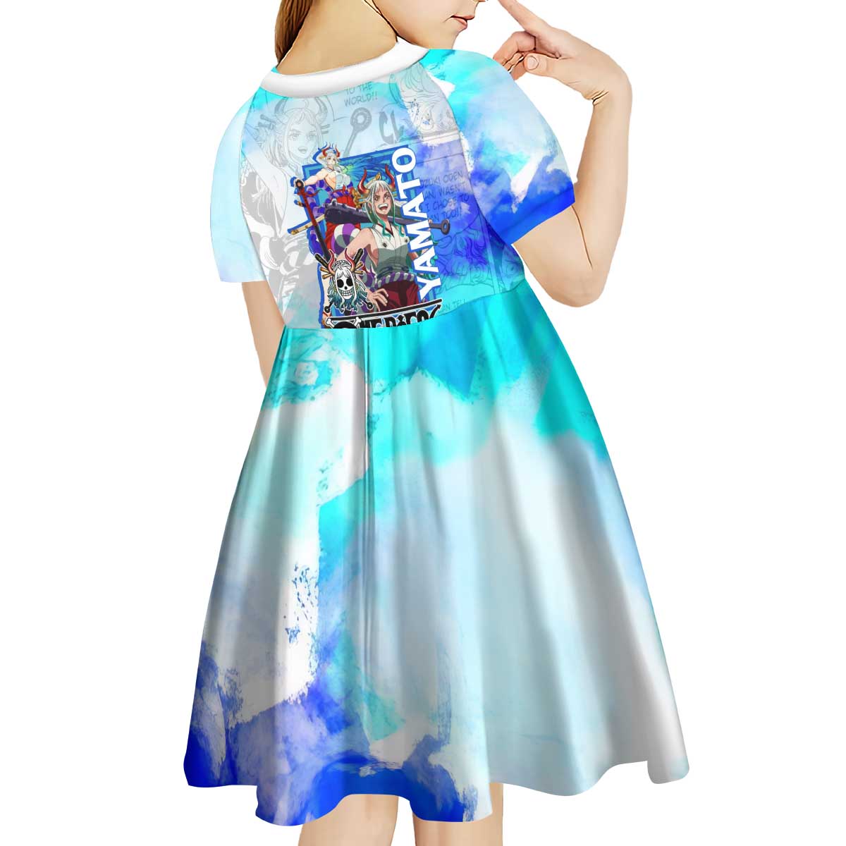 Yamato One Piece Blue Cloud Theme Kid Short Sleeve Dress with Manga Panels and Oni Horn Character Design - The Mazicc