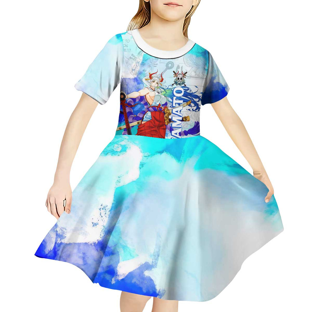 Yamato One Piece Blue Cloud Theme Kid Short Sleeve Dress with Manga Panels and Oni Horn Character Design - The Mazicc