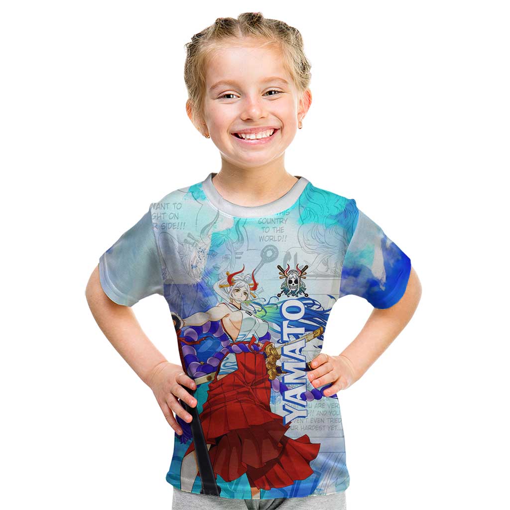 Yamato One Piece Blue Cloud Theme Kid T Shirt with Manga Panels and Oni Horn Character Design - The Mazicc