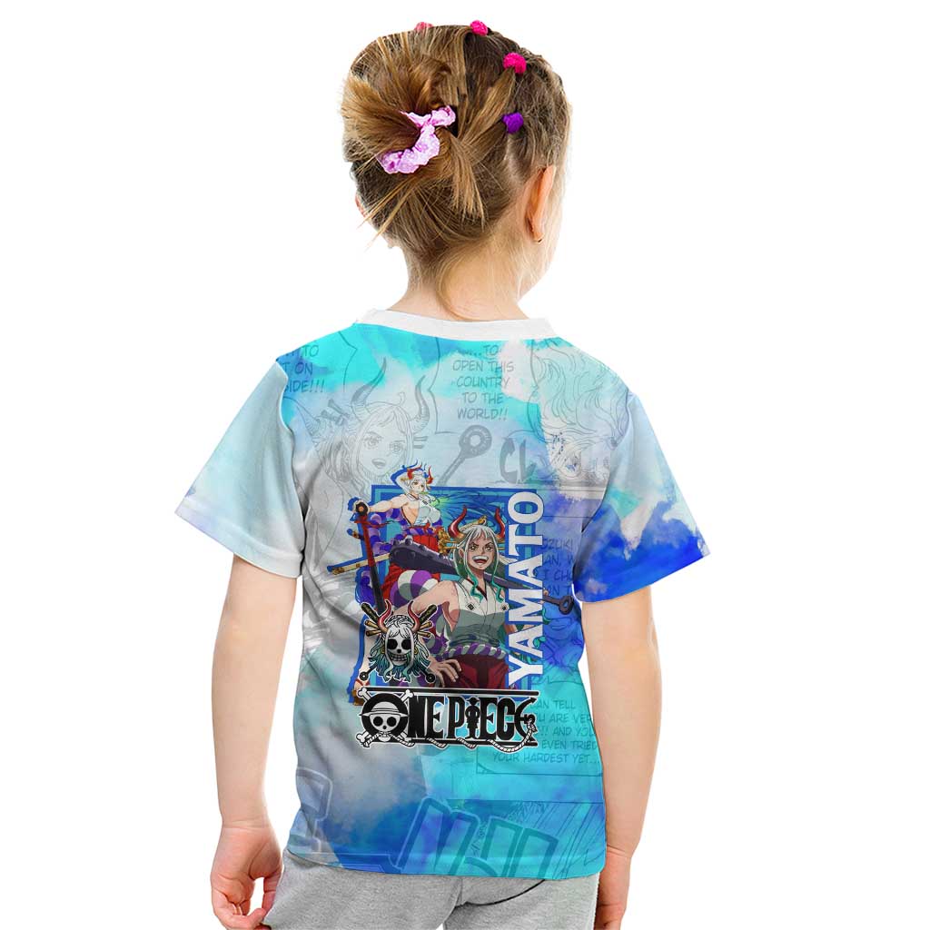 Yamato One Piece Blue Cloud Theme Kid T Shirt with Manga Panels and Oni Horn Character Design - The Mazicc