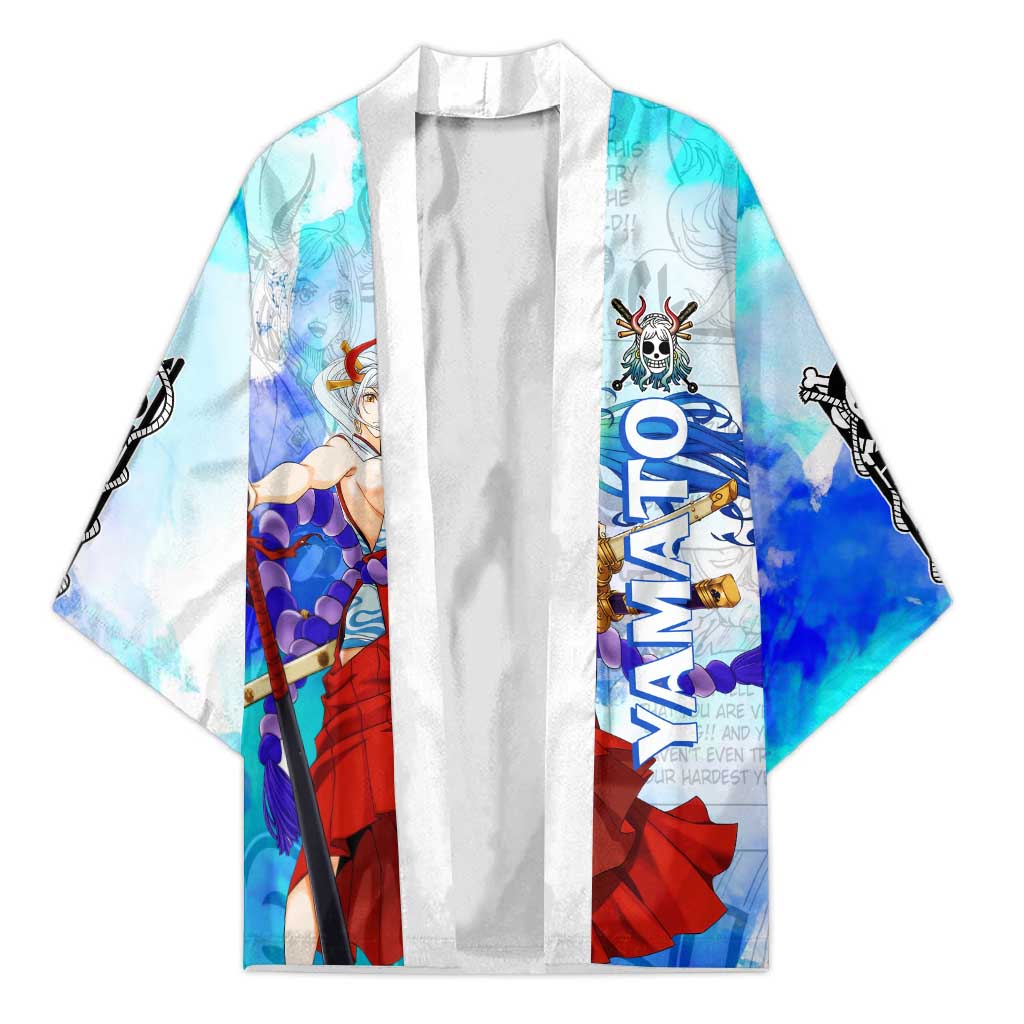 Yamato One Piece Blue Cloud Theme Kimono with Manga Panels and Oni Horn Character Design - The Mazicc