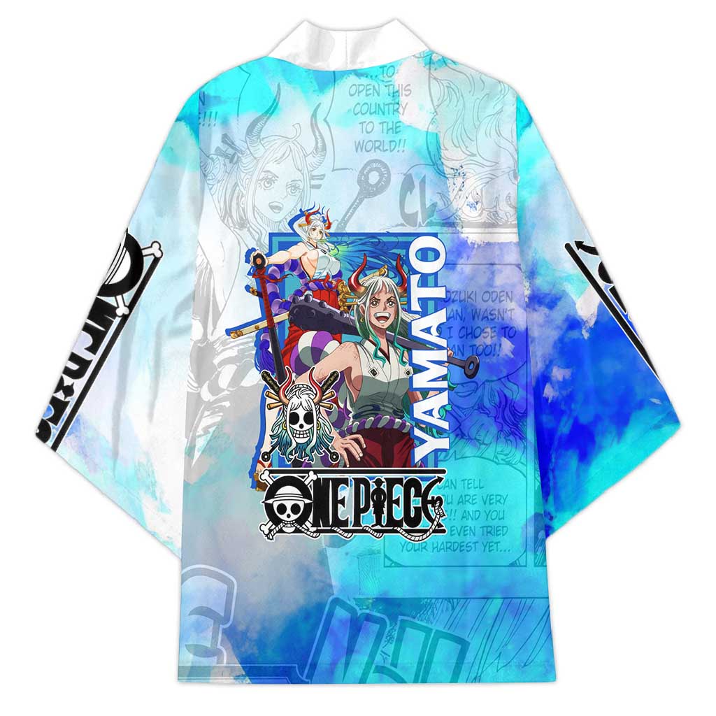 Yamato One Piece Blue Cloud Theme Kimono with Manga Panels and Oni Horn Character Design - The Mazicc