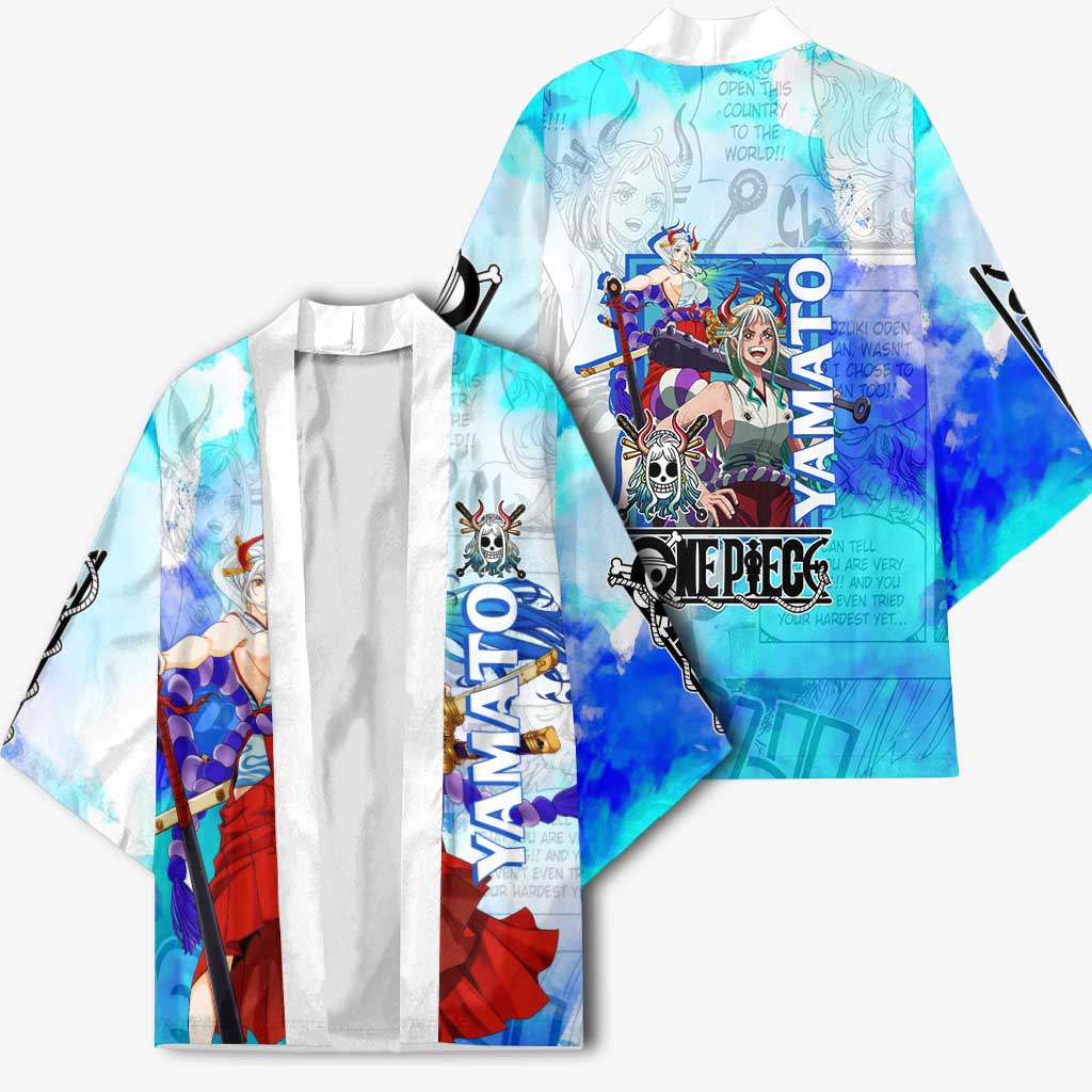 Yamato One Piece Blue Cloud Theme Kimono with Manga Panels and Oni Horn Character Design - The Mazicc
