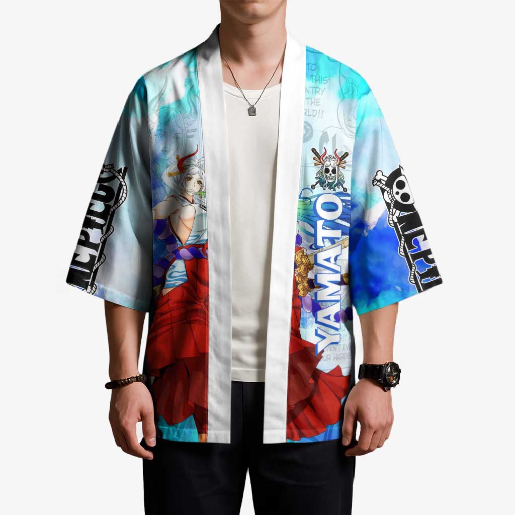 Yamato One Piece Blue Cloud Theme Kimono with Manga Panels and Oni Horn Character Design - The Mazicc