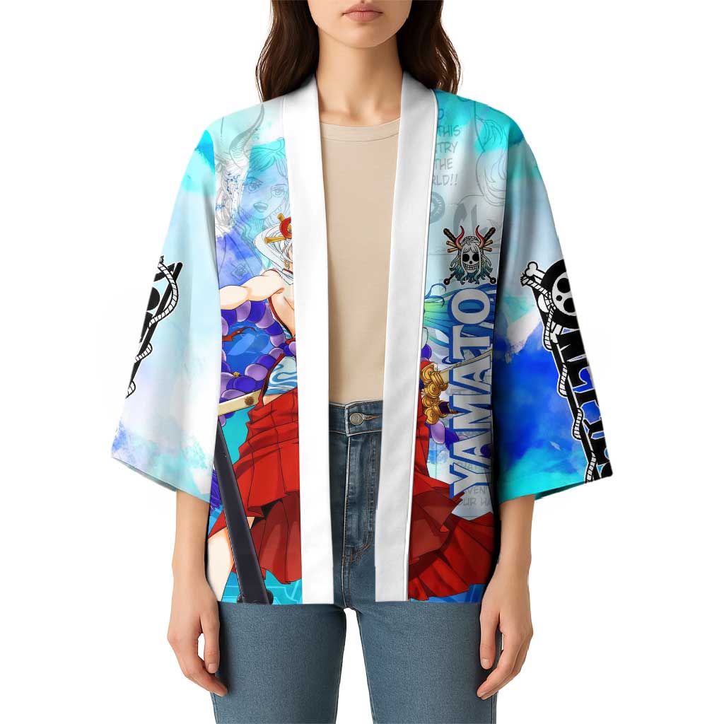 Yamato One Piece Blue Cloud Theme Kimono with Manga Panels and Oni Horn Character Design - The Mazicc