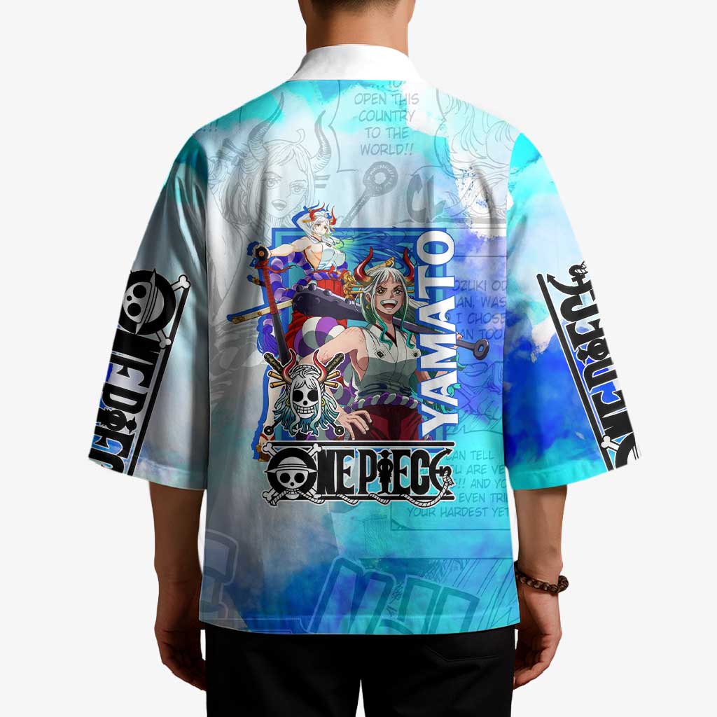 Yamato One Piece Blue Cloud Theme Kimono with Manga Panels and Oni Horn Character Design - The Mazicc