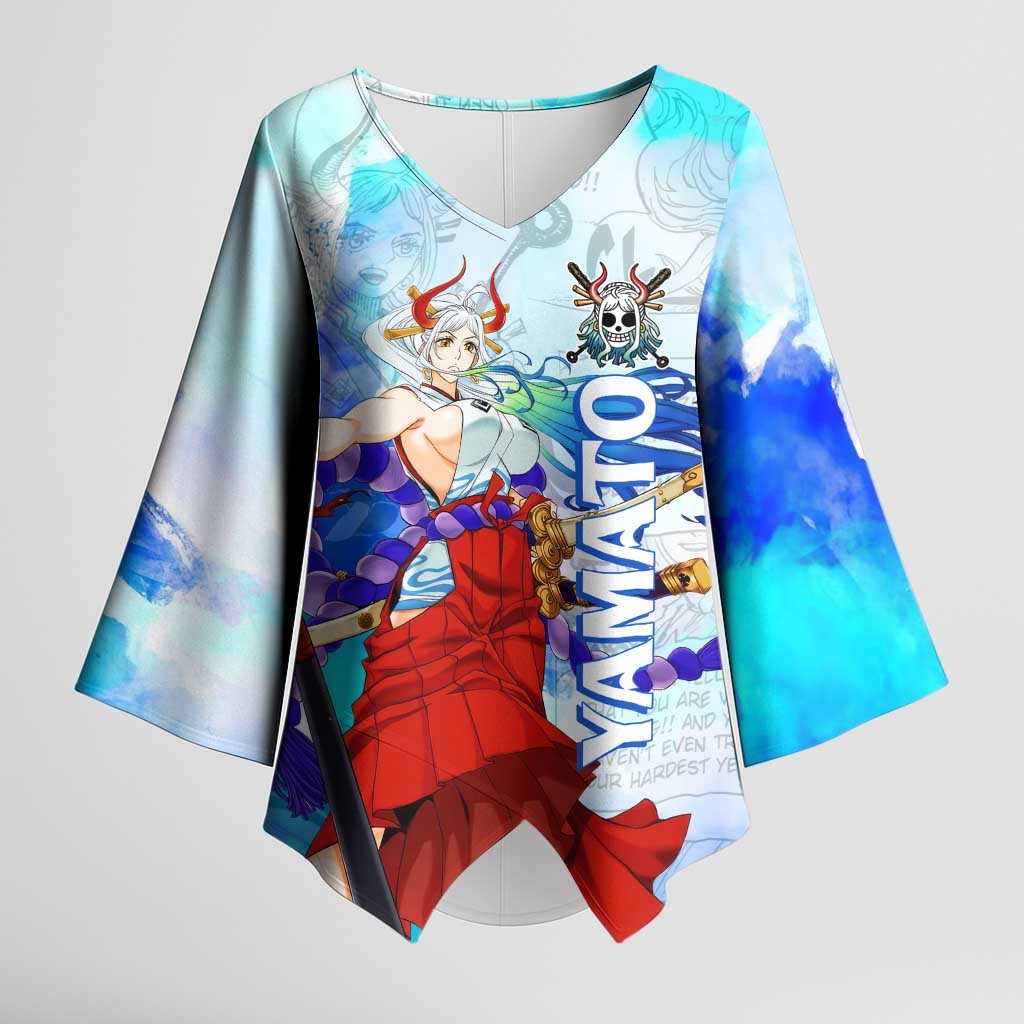 Yamato One Piece Blue Cloud Theme Kimono Sleeve Blouse with Manga Panels and Oni Horn Character Design - The Mazicc