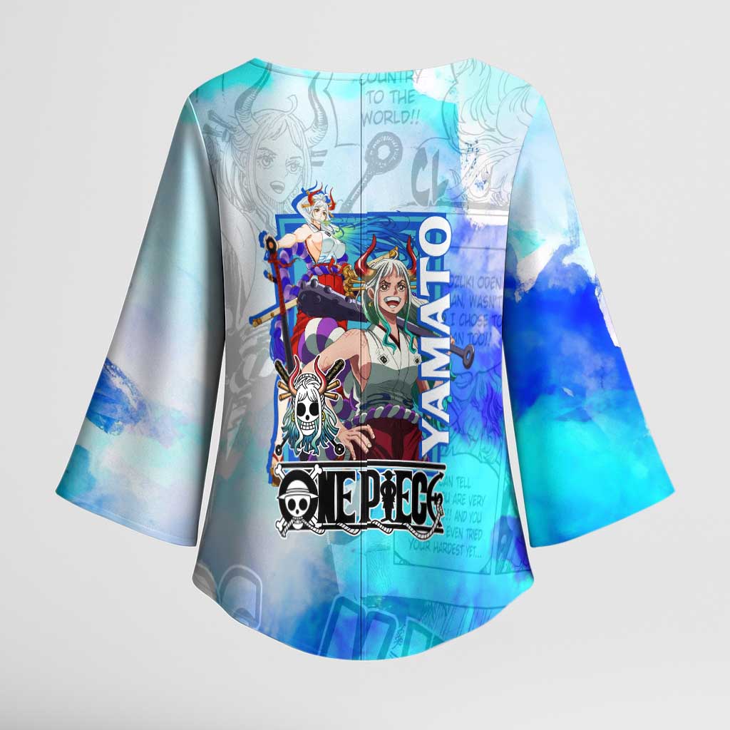 Yamato One Piece Blue Cloud Theme Kimono Sleeve Blouse with Manga Panels and Oni Horn Character Design - The Mazicc