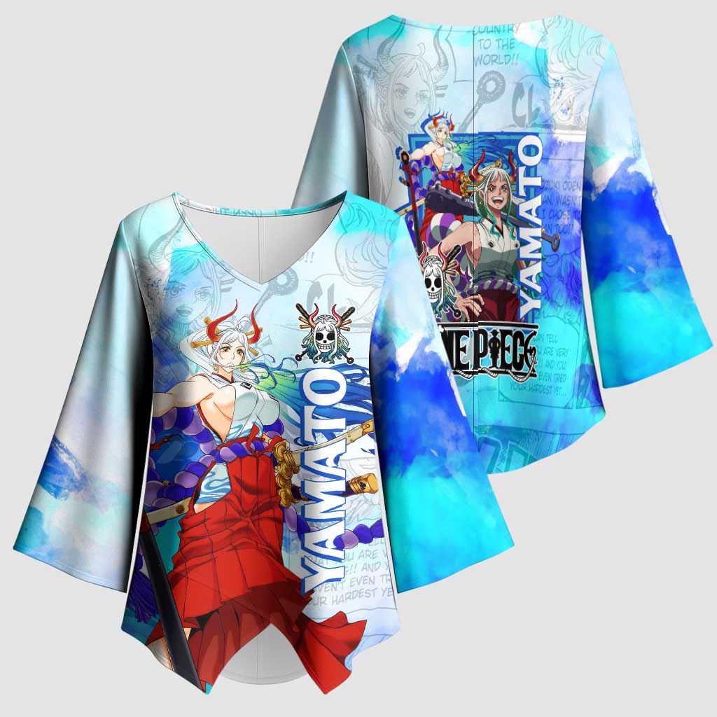 Yamato One Piece Blue Cloud Theme Kimono Sleeve Blouse with Manga Panels and Oni Horn Character Design - The Mazicc