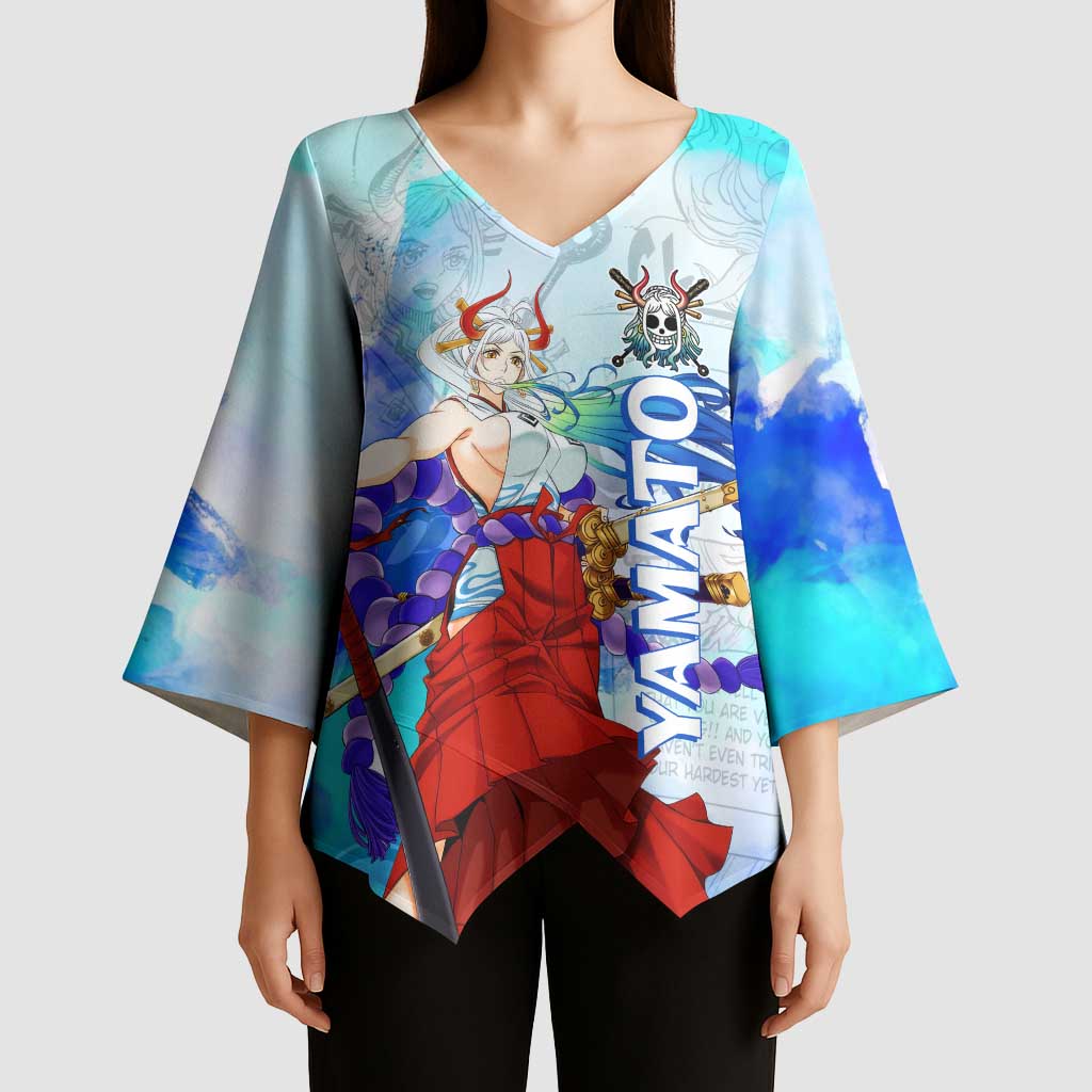 Yamato One Piece Blue Cloud Theme Kimono Sleeve Blouse with Manga Panels and Oni Horn Character Design - The Mazicc