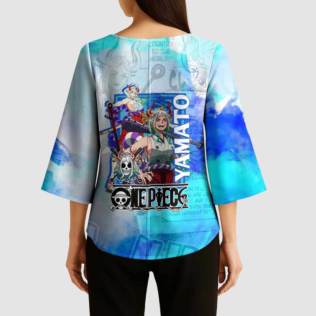 Yamato One Piece Blue Cloud Theme Kimono Sleeve Blouse with Manga Panels and Oni Horn Character Design - The Mazicc