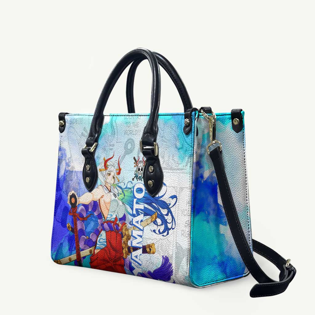 Yamato One Piece Blue Cloud Theme Leather Bag with Manga Panels and Oni Horn Character Design - The Mazicc