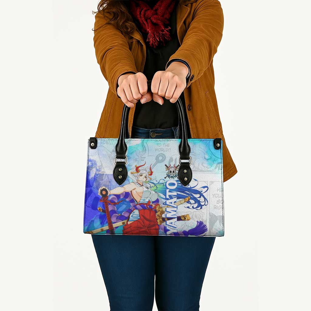 Yamato One Piece Blue Cloud Theme Leather Bag with Manga Panels and Oni Horn Character Design - The Mazicc