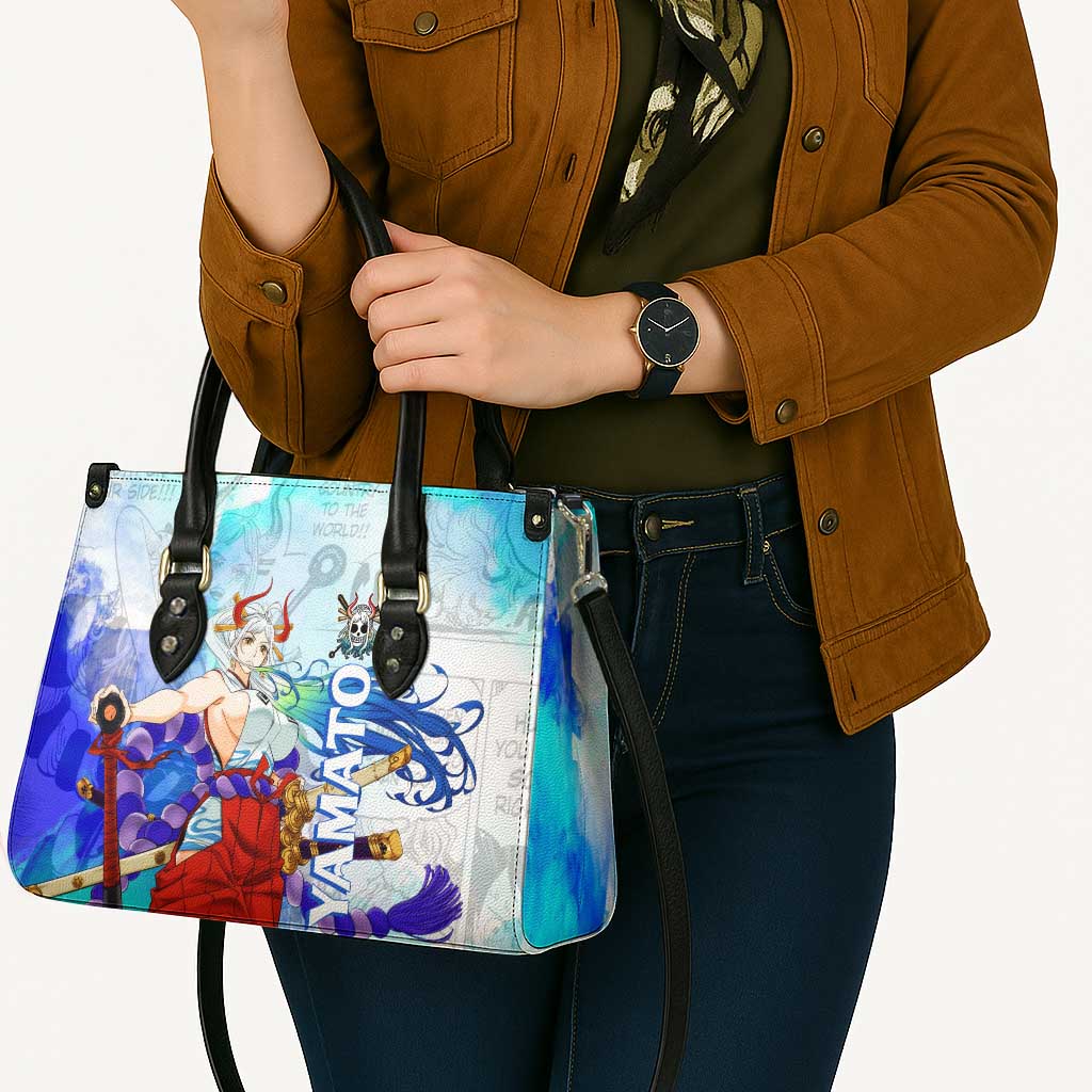 Yamato One Piece Blue Cloud Theme Leather Bag with Manga Panels and Oni Horn Character Design - The Mazicc