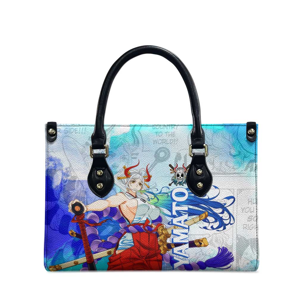 Yamato One Piece Blue Cloud Theme Leather Bag with Manga Panels and Oni Horn Character Design - The Mazicc