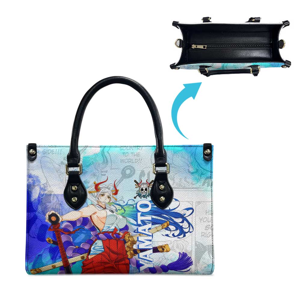 Yamato One Piece Blue Cloud Theme Leather Bag with Manga Panels and Oni Horn Character Design - The Mazicc