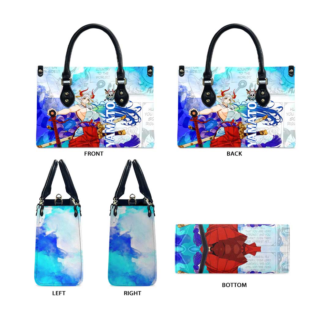 Yamato One Piece Blue Cloud Theme Leather Bag with Manga Panels and Oni Horn Character Design - The Mazicc
