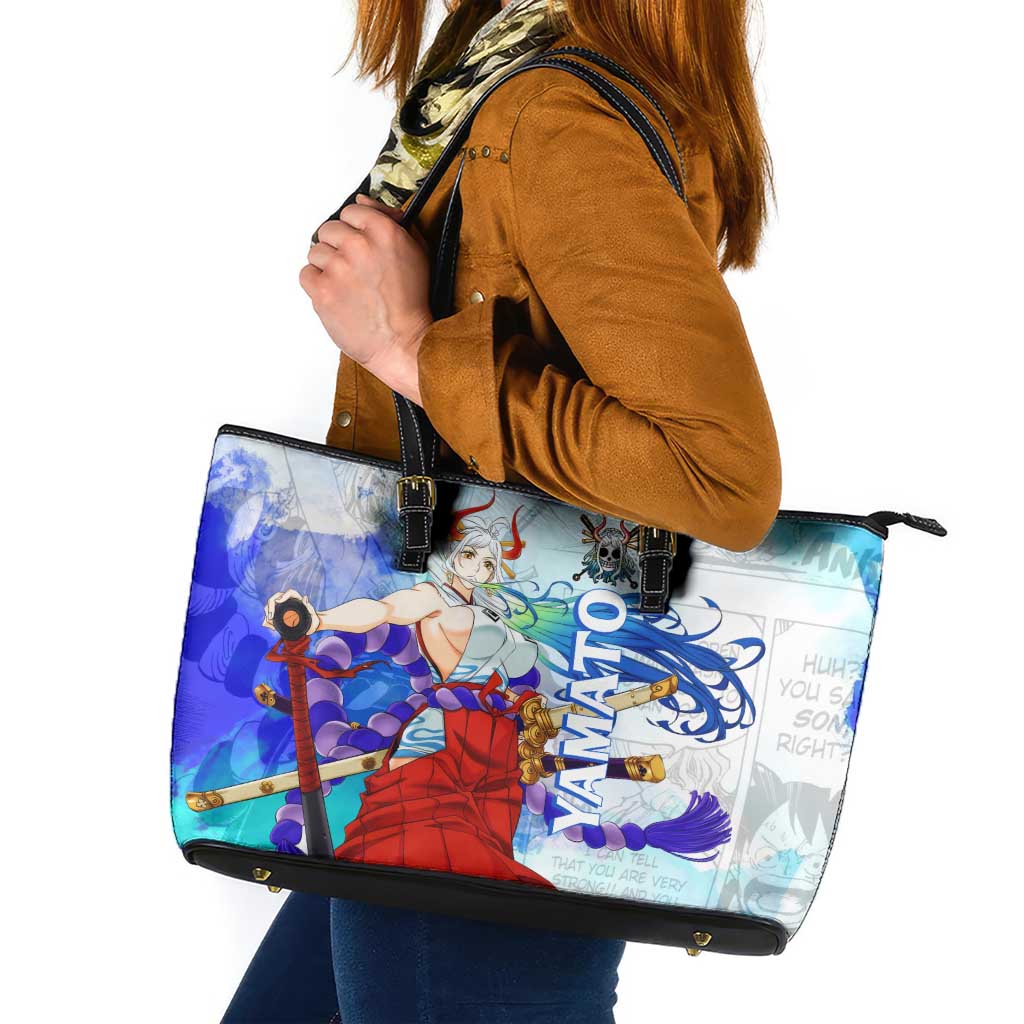 Yamato One Piece Blue Cloud Theme Leather Tote Bag with Manga Panels and Oni Horn Character Design - The Mazicc