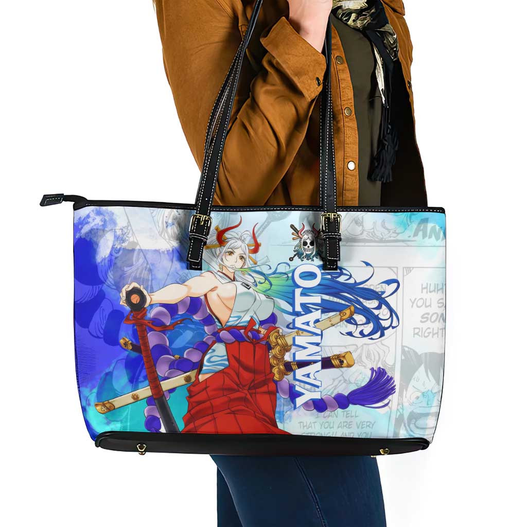 Yamato One Piece Blue Cloud Theme Leather Tote Bag with Manga Panels and Oni Horn Character Design - The Mazicc