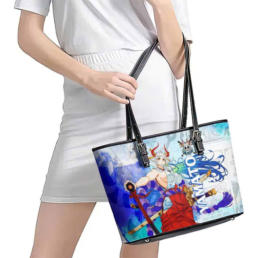 Yamato One Piece Blue Cloud Theme Leather Tote Bag with Manga Panels and Oni Horn Character Design - The Mazicc