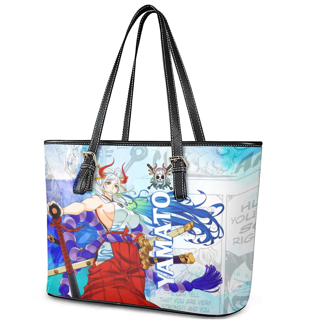 Yamato One Piece Blue Cloud Theme Leather Tote Bag with Manga Panels and Oni Horn Character Design - The Mazicc