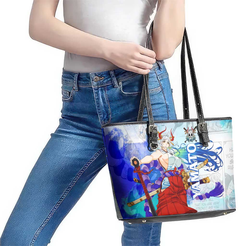 Yamato One Piece Blue Cloud Theme Leather Tote Bag with Manga Panels and Oni Horn Character Design - The Mazicc
