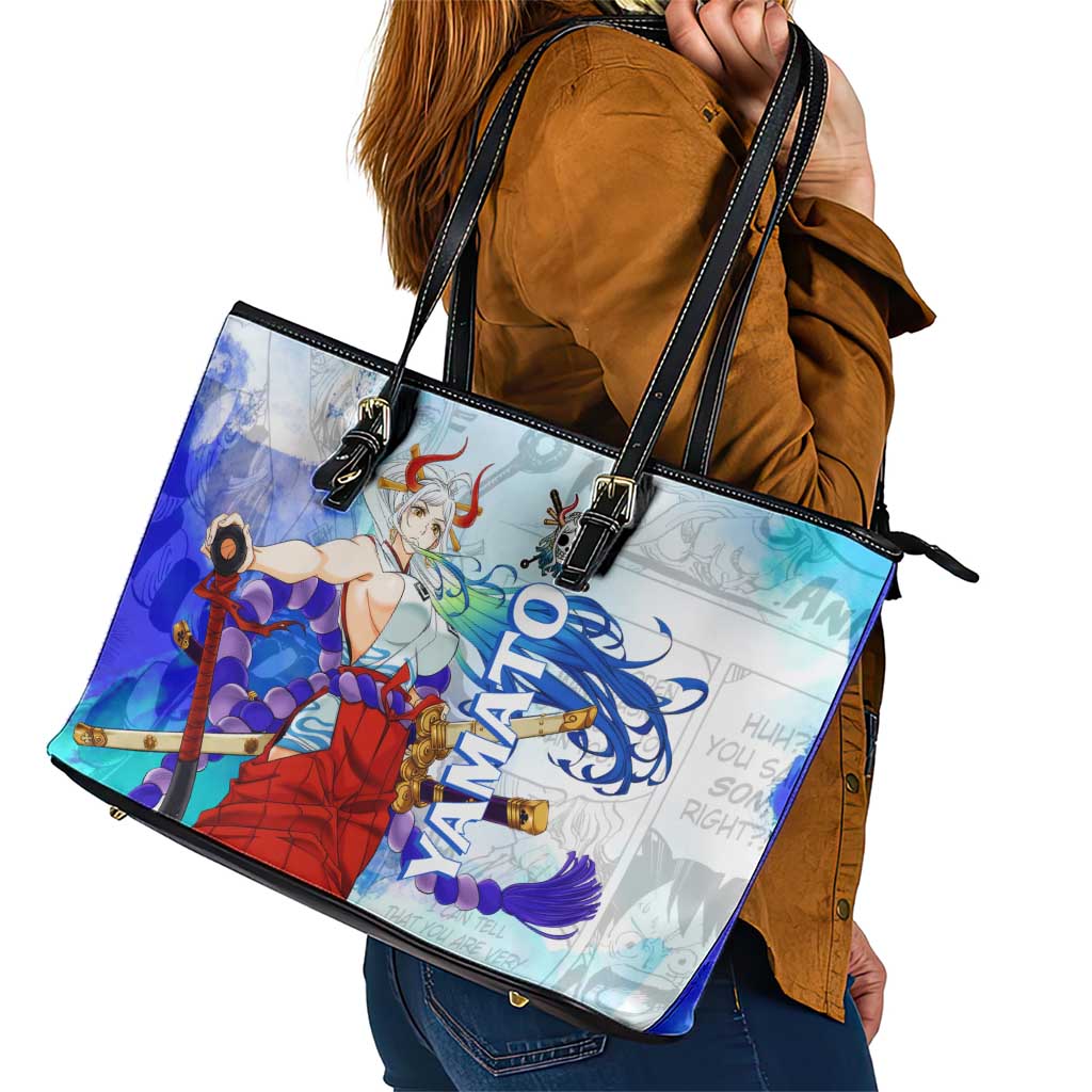 Yamato One Piece Blue Cloud Theme Leather Tote Bag with Manga Panels and Oni Horn Character Design - The Mazicc