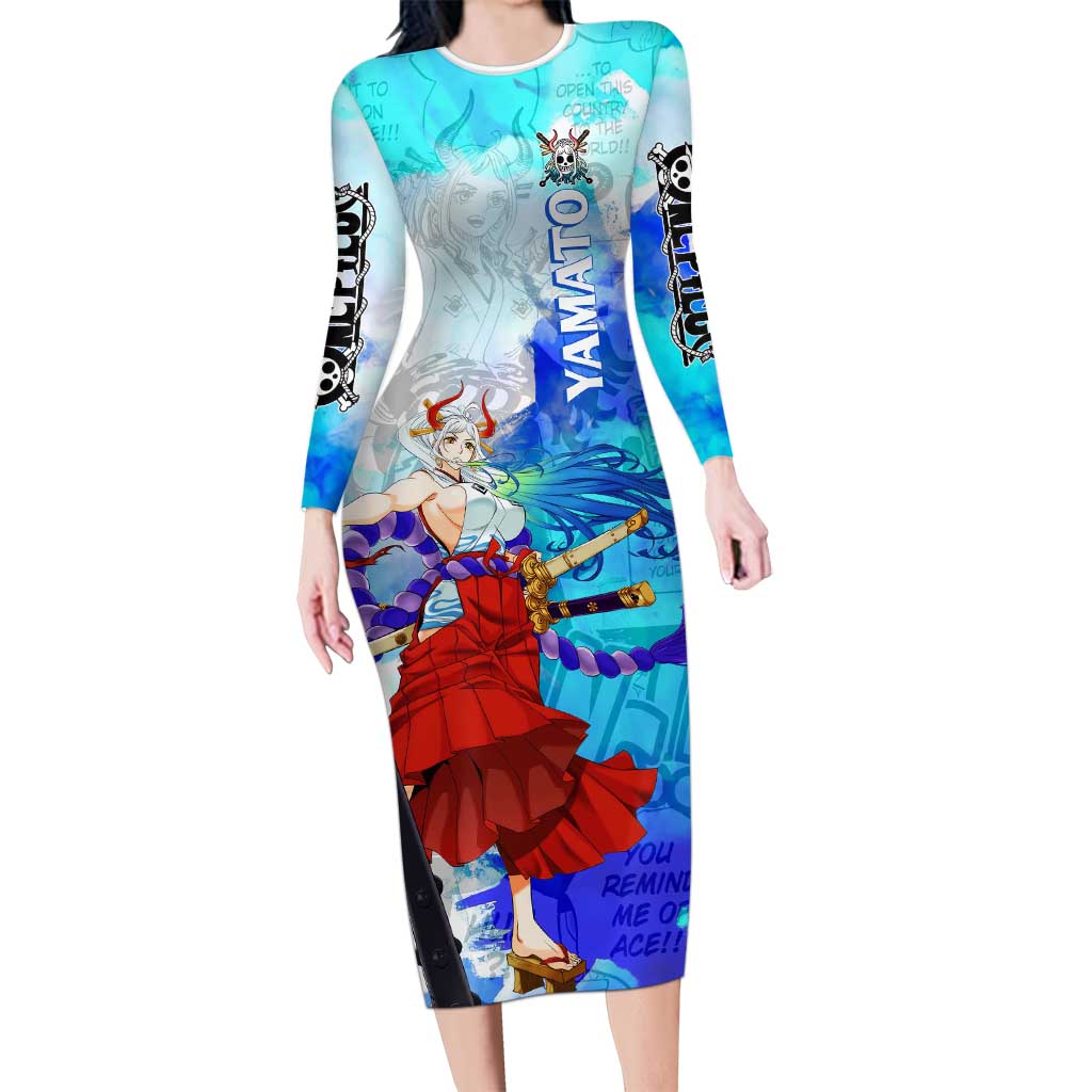 Yamato One Piece Blue Cloud Theme Long Sleeve Bodycon Dress with Manga Panels and Oni Horn Character Design - The Mazicc