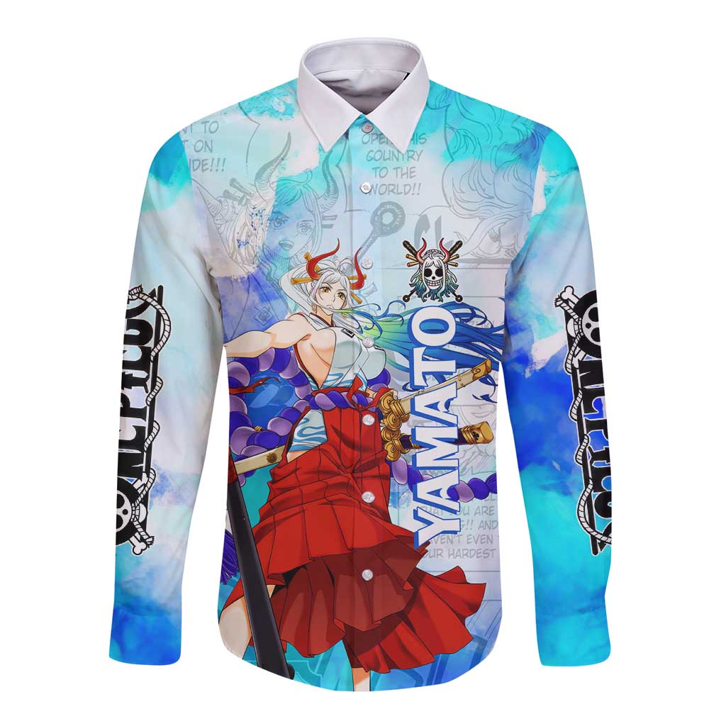 Yamato One Piece Blue Cloud Theme Long Sleeve Button Shirt with Manga Panels and Oni Horn Character Design - The Mazicc