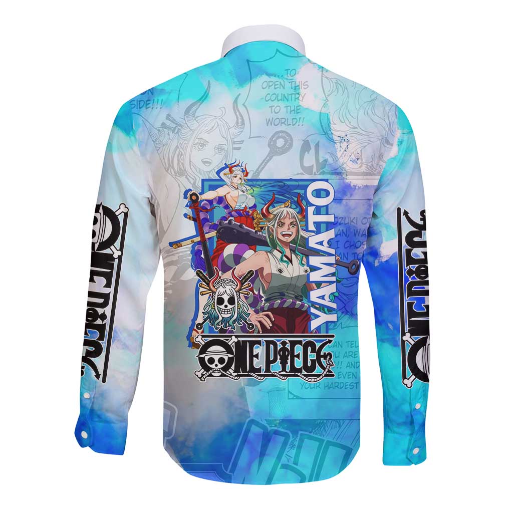 Yamato One Piece Blue Cloud Theme Long Sleeve Button Shirt with Manga Panels and Oni Horn Character Design - The Mazicc
