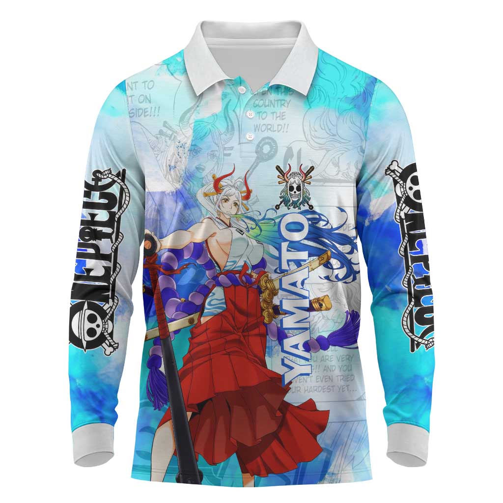 Yamato One Piece Blue Cloud Theme Long Sleeve Polo Shirt with Manga Panels and Oni Horn Character Design - The Mazicc