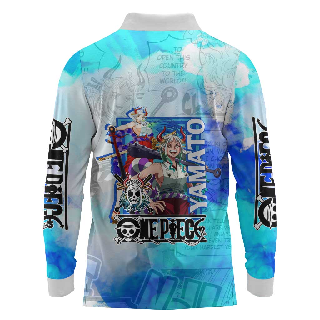 Yamato One Piece Blue Cloud Theme Long Sleeve Polo Shirt with Manga Panels and Oni Horn Character Design - The Mazicc