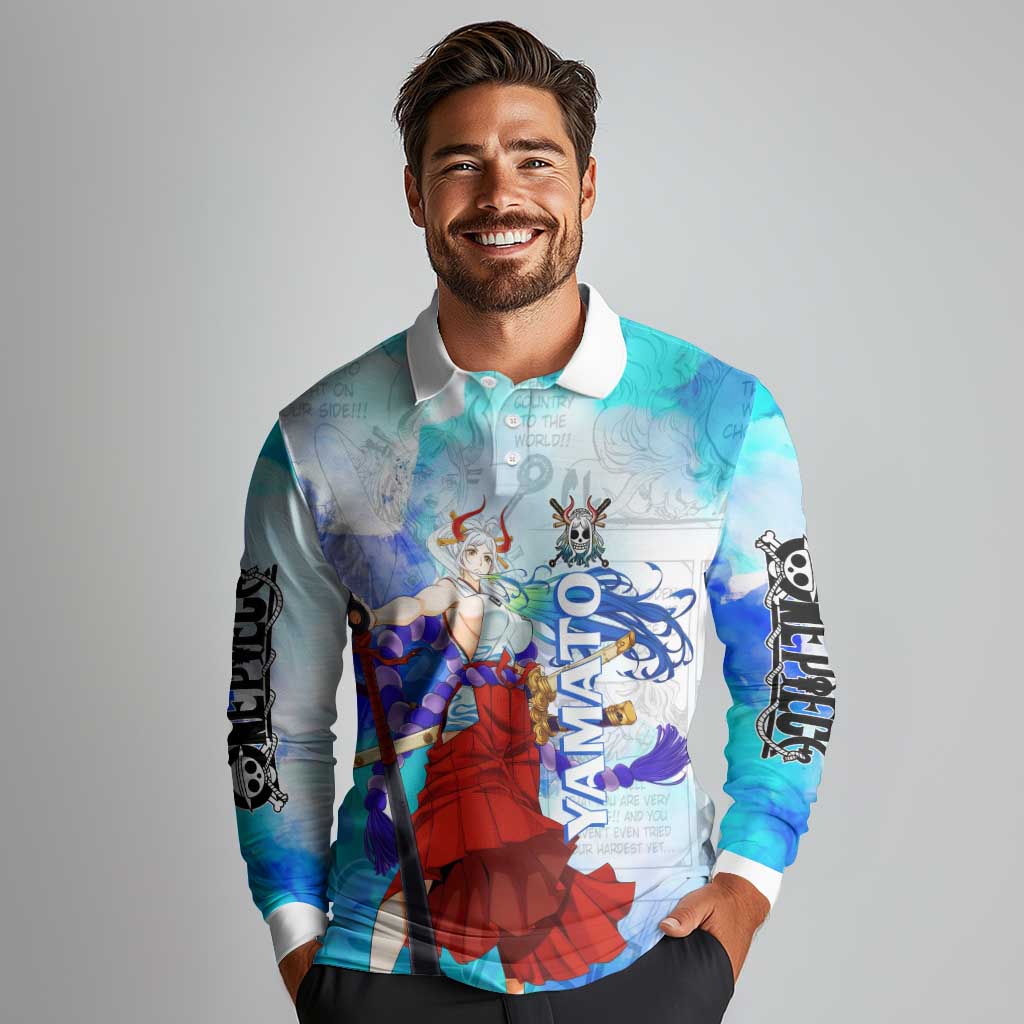 Yamato One Piece Blue Cloud Theme Long Sleeve Polo Shirt with Manga Panels and Oni Horn Character Design - The Mazicc