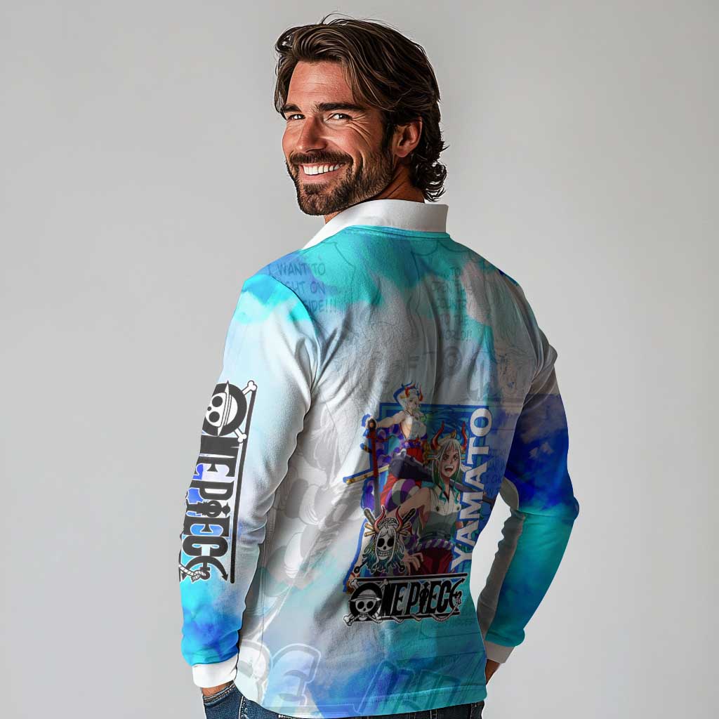 Yamato One Piece Blue Cloud Theme Long Sleeve Polo Shirt with Manga Panels and Oni Horn Character Design - The Mazicc