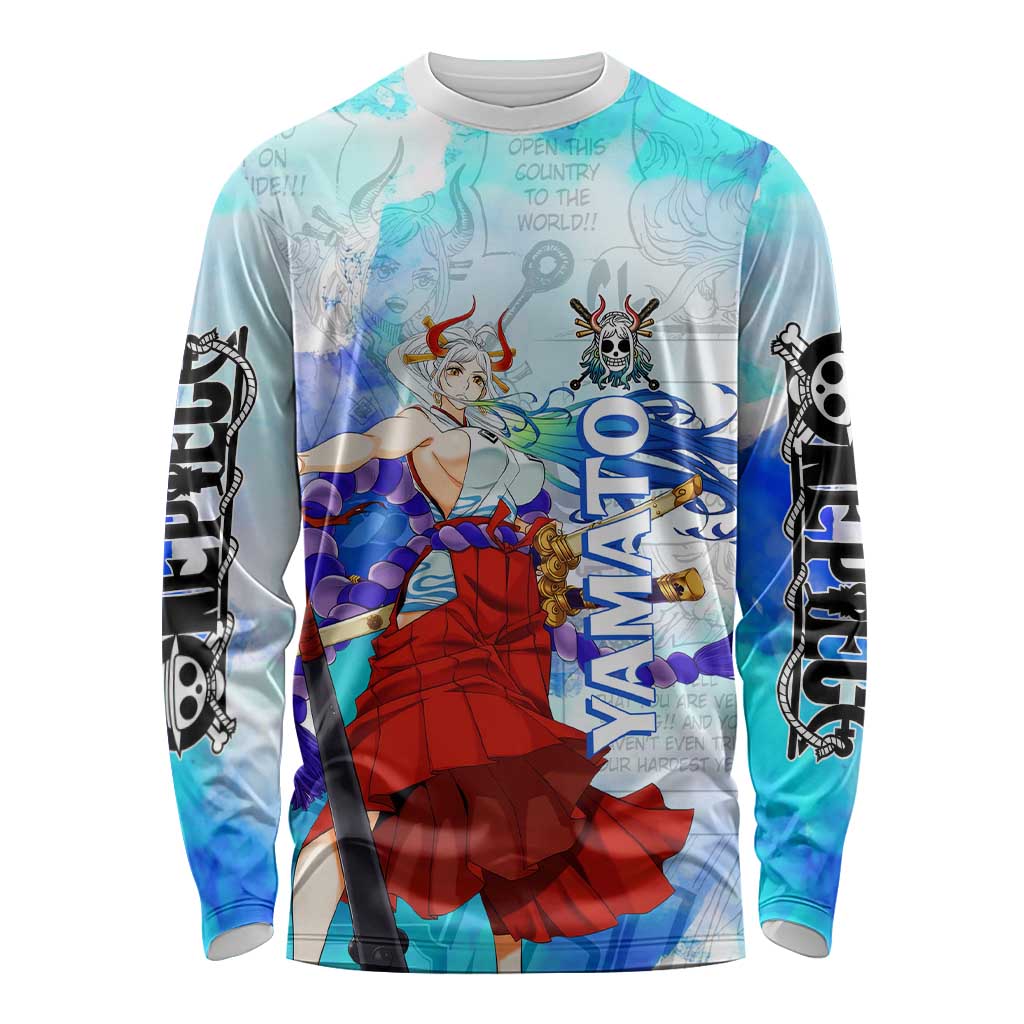 Yamato One Piece Blue Cloud Theme Long Sleeve Shirt with Manga Panels and Oni Horn Character Design - The Mazicc