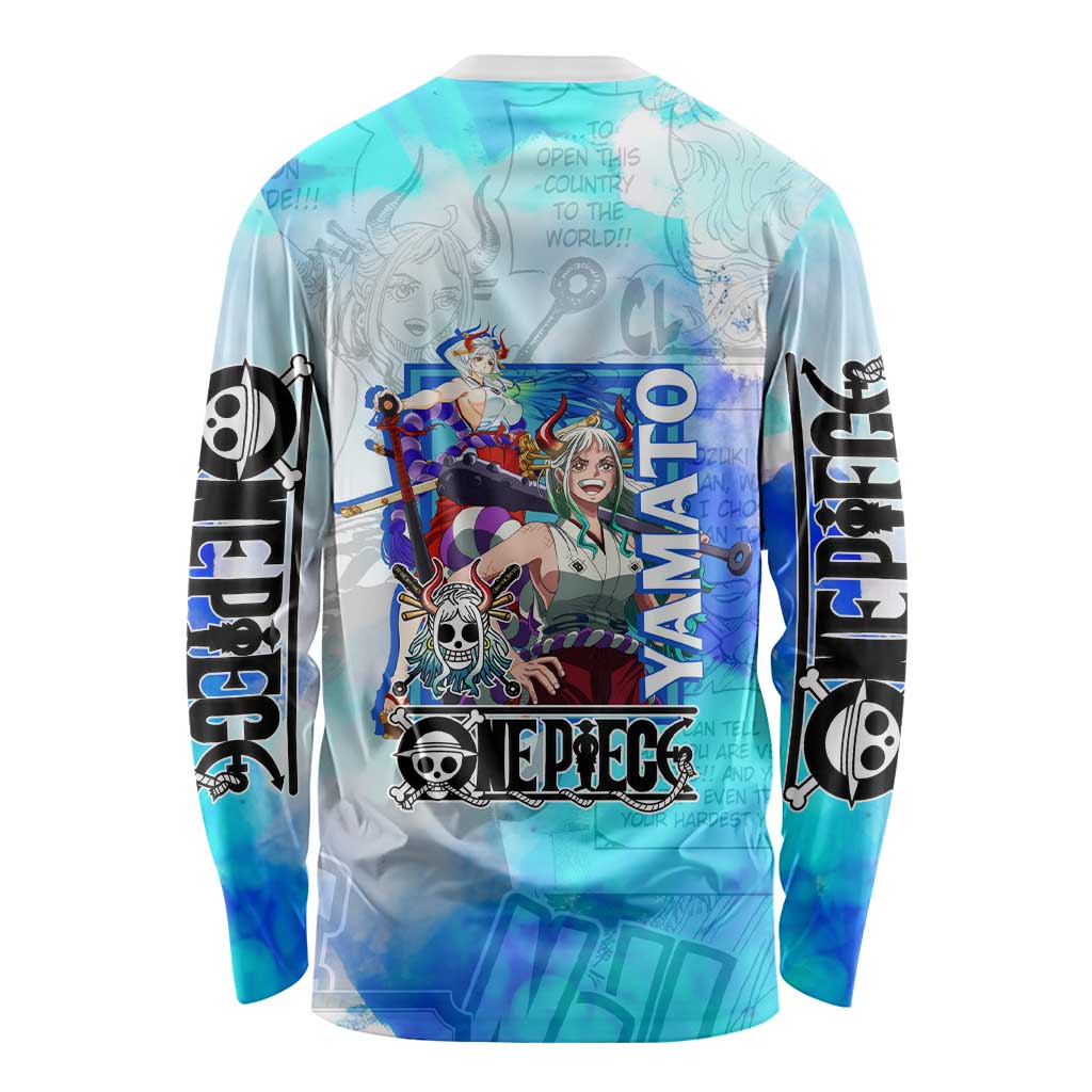 Yamato One Piece Blue Cloud Theme Long Sleeve Shirt with Manga Panels and Oni Horn Character Design - The Mazicc
