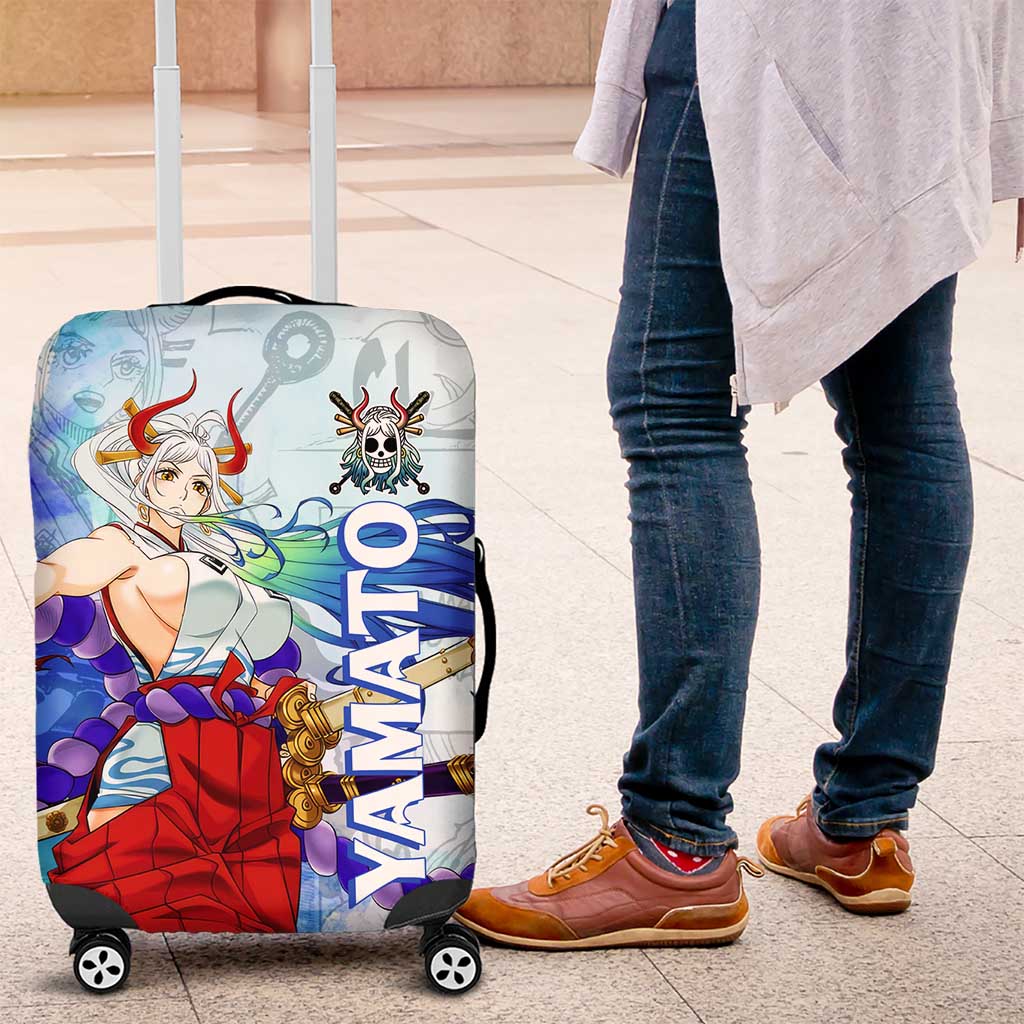 Yamato One Piece Blue Cloud Theme Luggage Cover with Manga Panels and Oni Horn Character Design - The Mazicc
